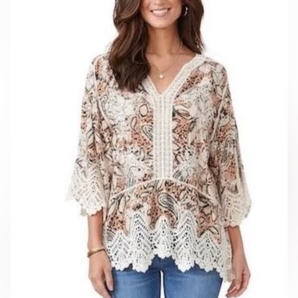 👒DEMOCRACY Women’s Woven Crochet Paisley Blouse Beige Cream XL Flowy